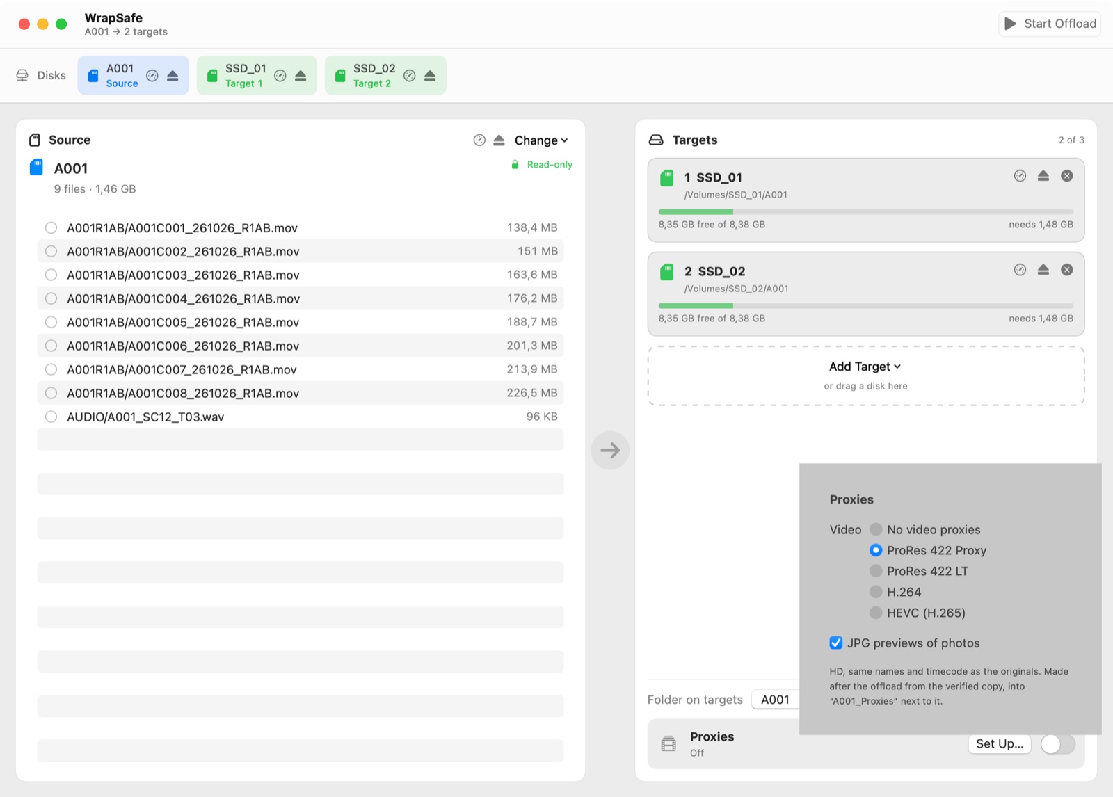 WrapSafe proxy settings: ProRes 422 Proxy, ProRes 422 LT, H.264 or HEVC, and JPG previews of photos