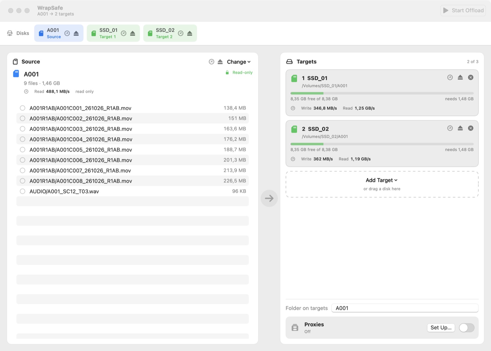 WrapSafe after a speed test: write and read speed under each drive, read speed under the card